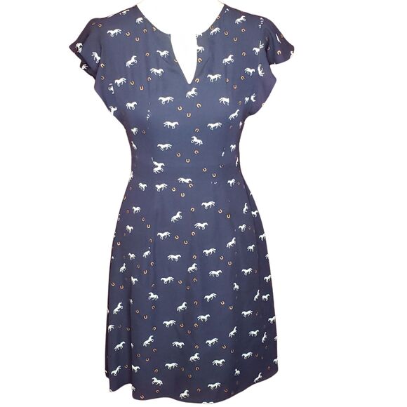 EUC Maison Jules Size XS Women's flutter sleeves Navy Horses Dress - Picture 2 of 6